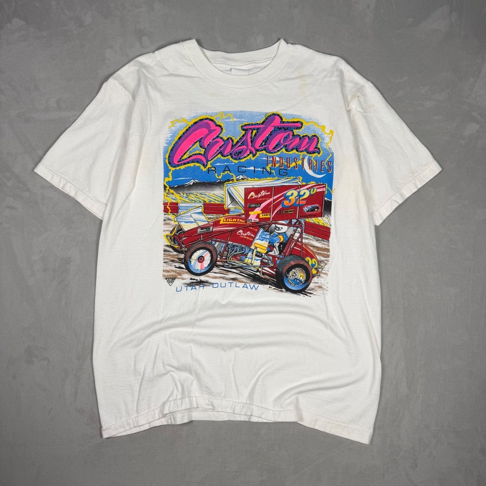 90s Mens Custom Racing Industries Utah Outlaw Sprint Car Graphic Tee XL